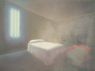 Ágy három neoncsõvel és átfestett ajtóval (2001)