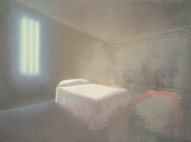 Bed with three neon tubes and repainted door (2001)